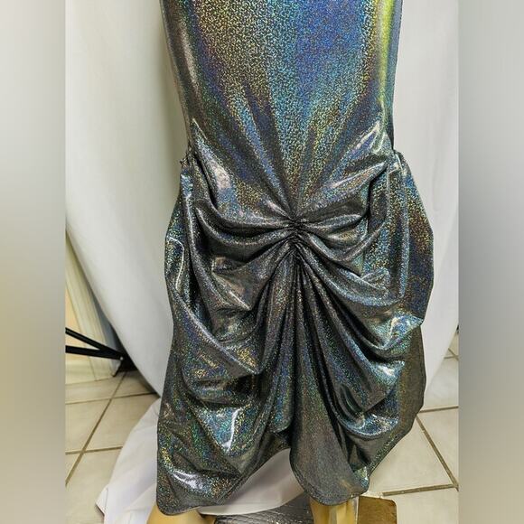 Liquid Silver Holographic Halter Maxi Dress – Custom Pouf Back Skirt XS/Petite - Picture 5 of 11